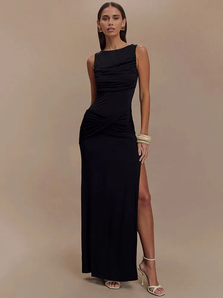 Delara Ivory Ruched Maxi Dress  Elegant Sleeveless High Slit Evening Gown for Summer Events-  Ivory, Black, Blue