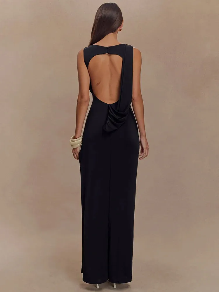 Delara Ivory Ruched Maxi Dress  Elegant Sleeveless High Slit Evening Gown for Summer Events-  Ivory, Black, Blue