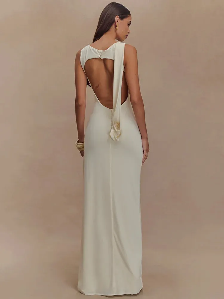 Delara Ivory Ruched Maxi Dress  Elegant Sleeveless High Slit Evening Gown for Summer Events-  Ivory, Black, Blue