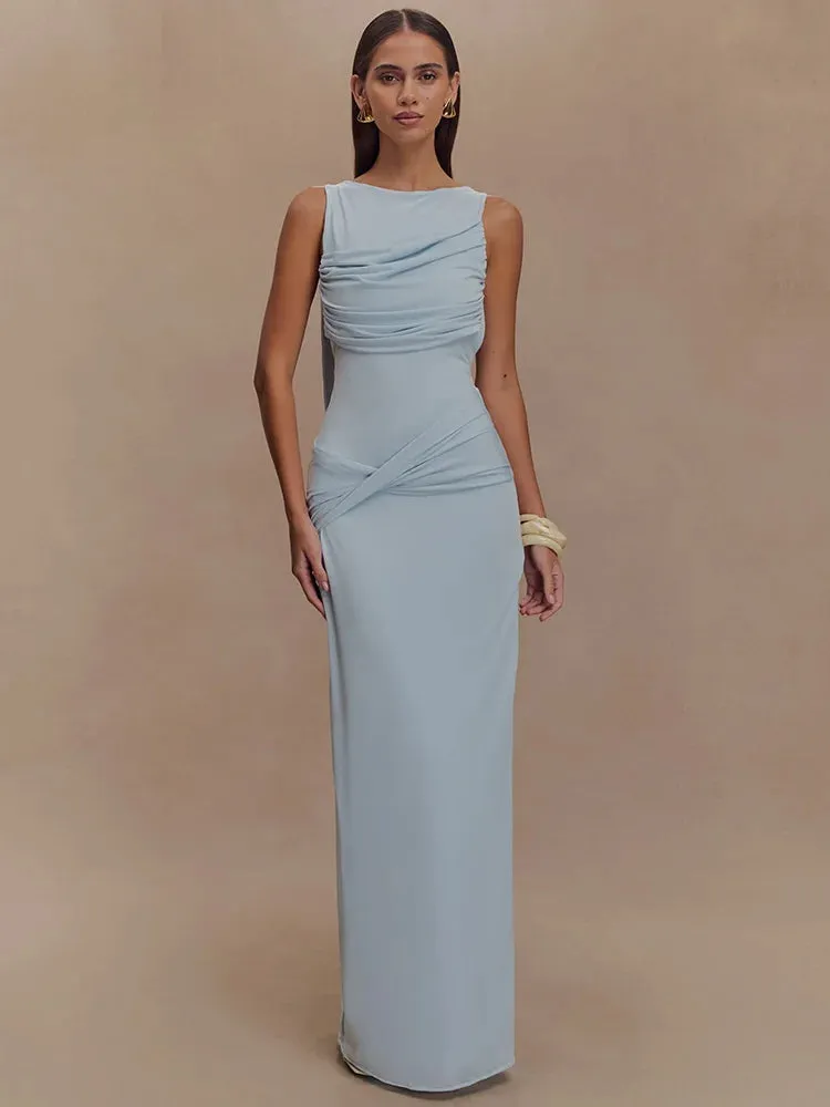 Delara Ivory Ruched Maxi Dress  Elegant Sleeveless High Slit Evening Gown for Summer Events-  Ivory, Black, Blue