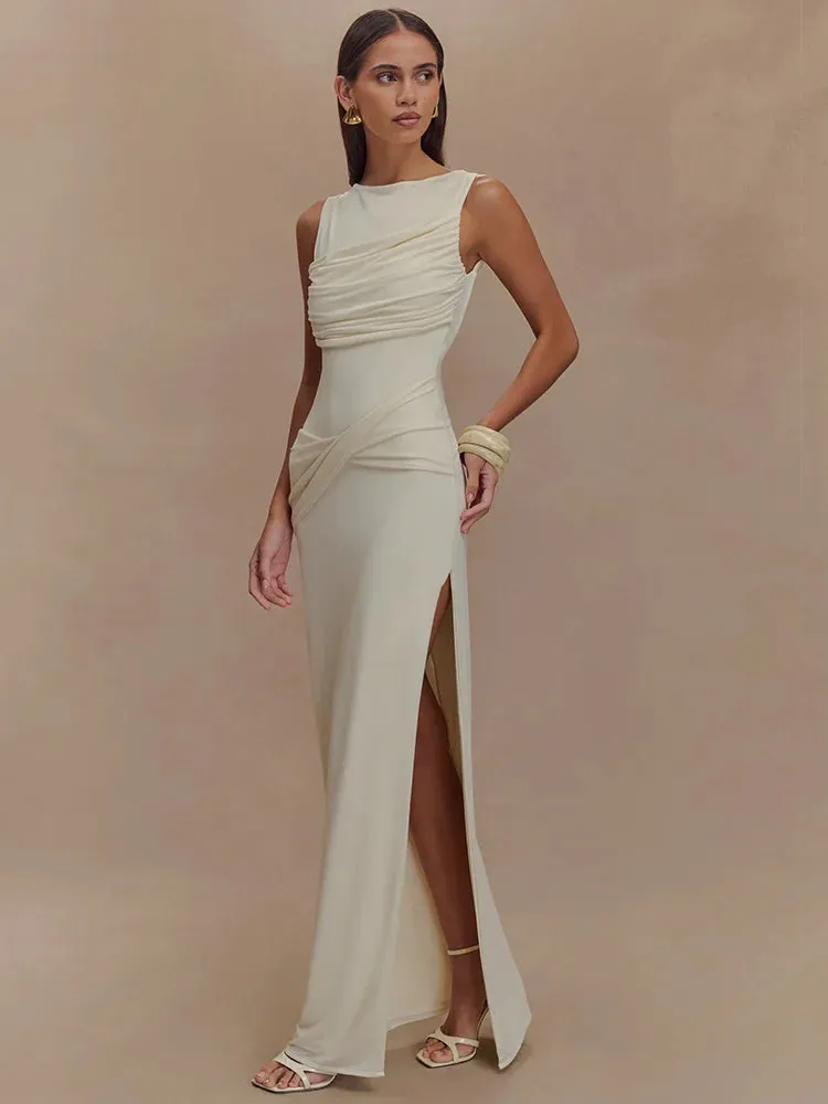 Delara Ivory Ruched Maxi Dress  Elegant Sleeveless High Slit Evening Gown for Summer Events-  Ivory, Black, Blue