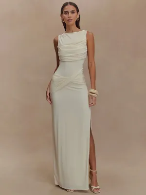 Delara Ivory Ruched Maxi Dress  Elegant Sleeveless High Slit Evening Gown for Summer Events-  Ivory, Black, Blue
