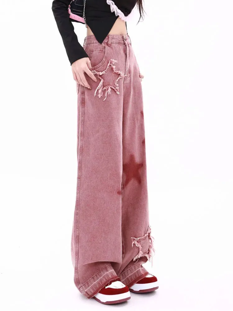 LVSANW American Retro Jeans Five-point Star Raw Edge Splicing Loose Wide-leg Jeans Women Look Thin Trendy All-match Mopping Pants Women