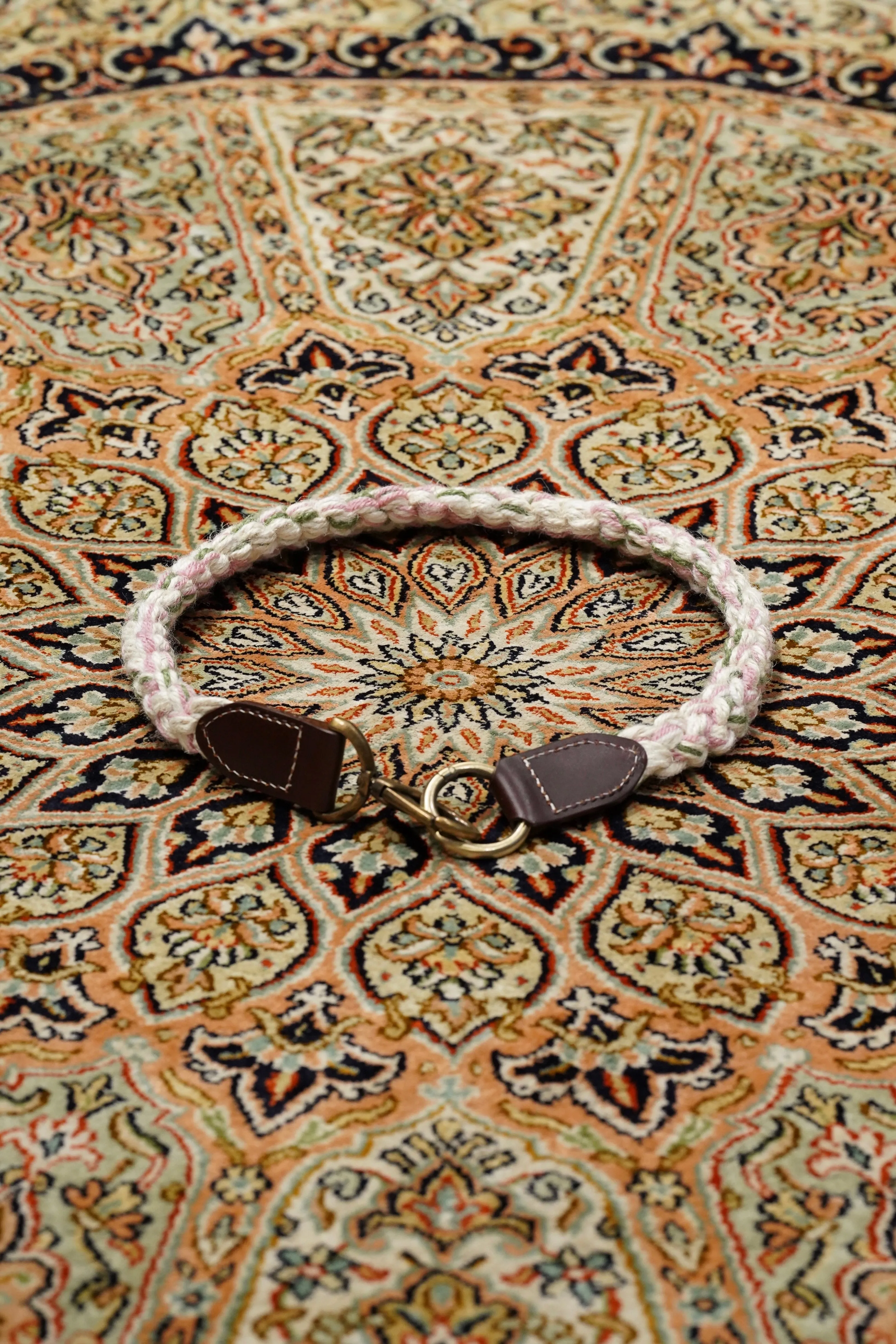 NICHOLAS DALEY HAND CROCHET LANYARD (CREAM/PINK/GREEN)