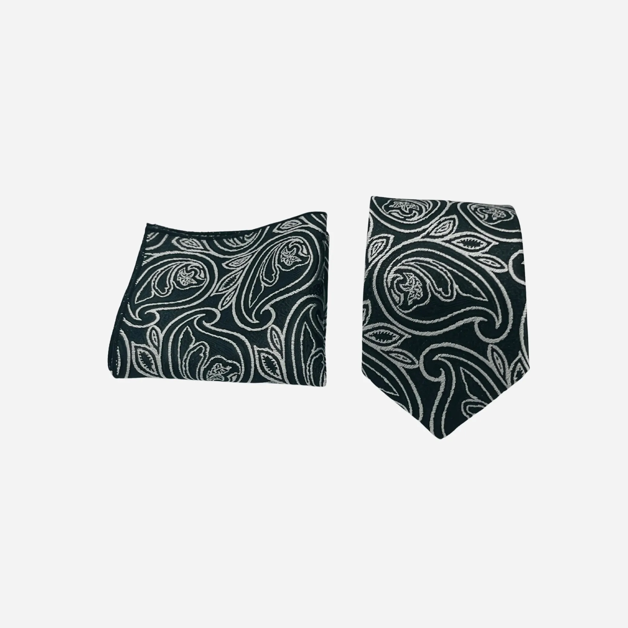 PAKISTANI BRAND TIE SET FOR MEN  - BLACK SILVER PAISLEY