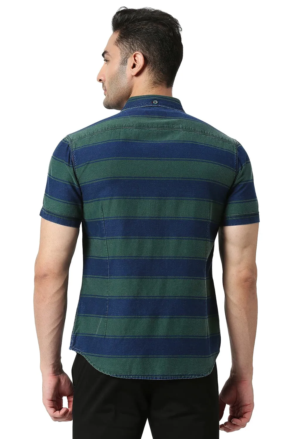 Slim Fit Cotton Indigo Weft Stripe Halfsleeves Shirt