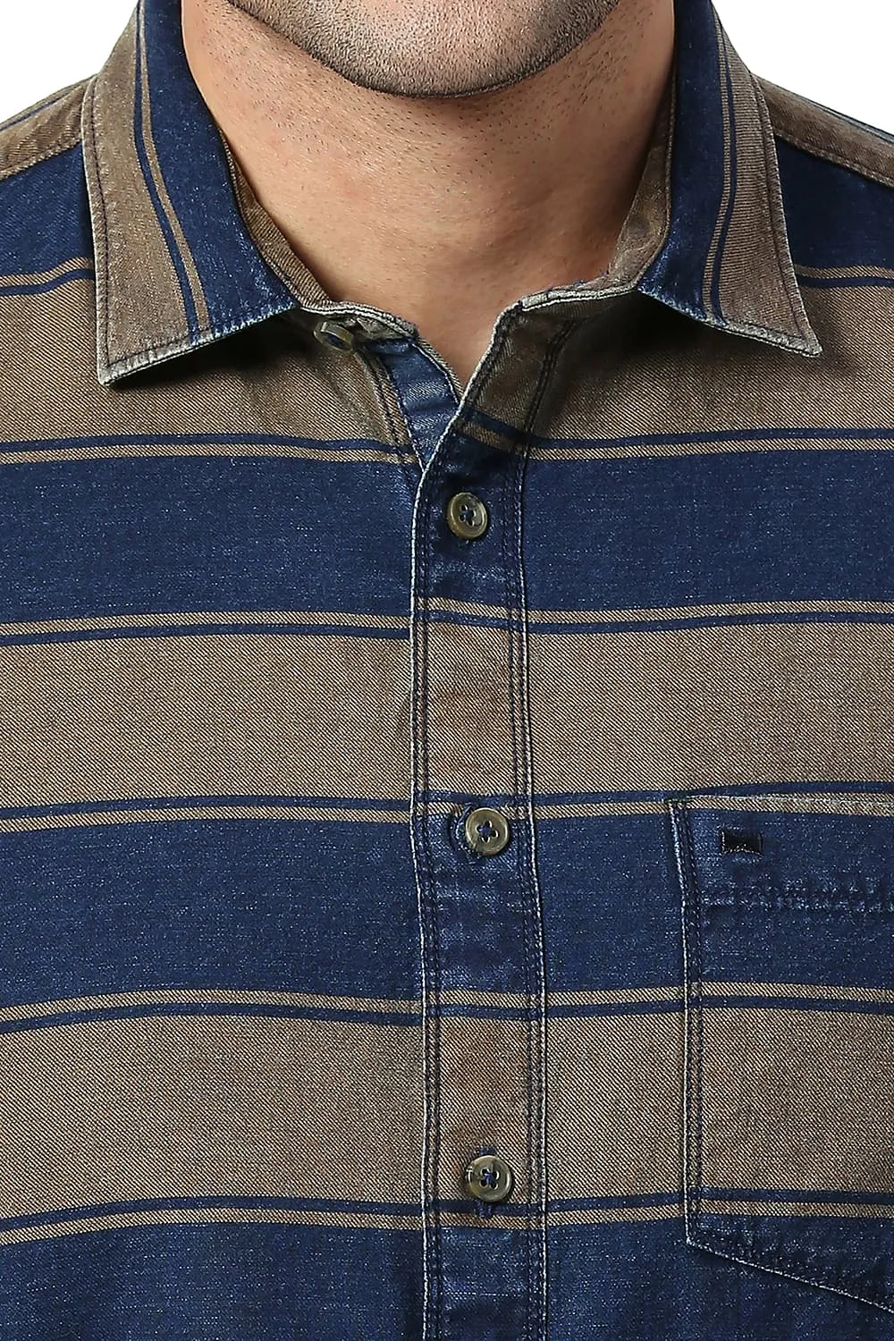 Slim Fit Cotton Indigo Weft Stripe Halfsleeves Shirt