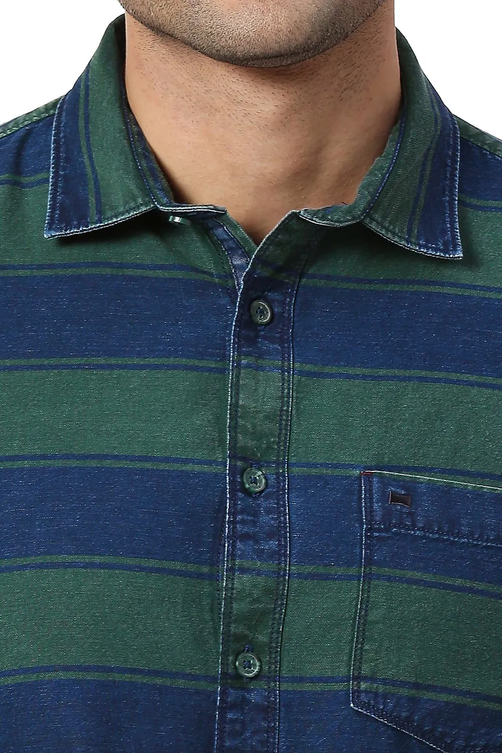 Slim Fit Cotton Indigo Weft Stripe Halfsleeves Shirt