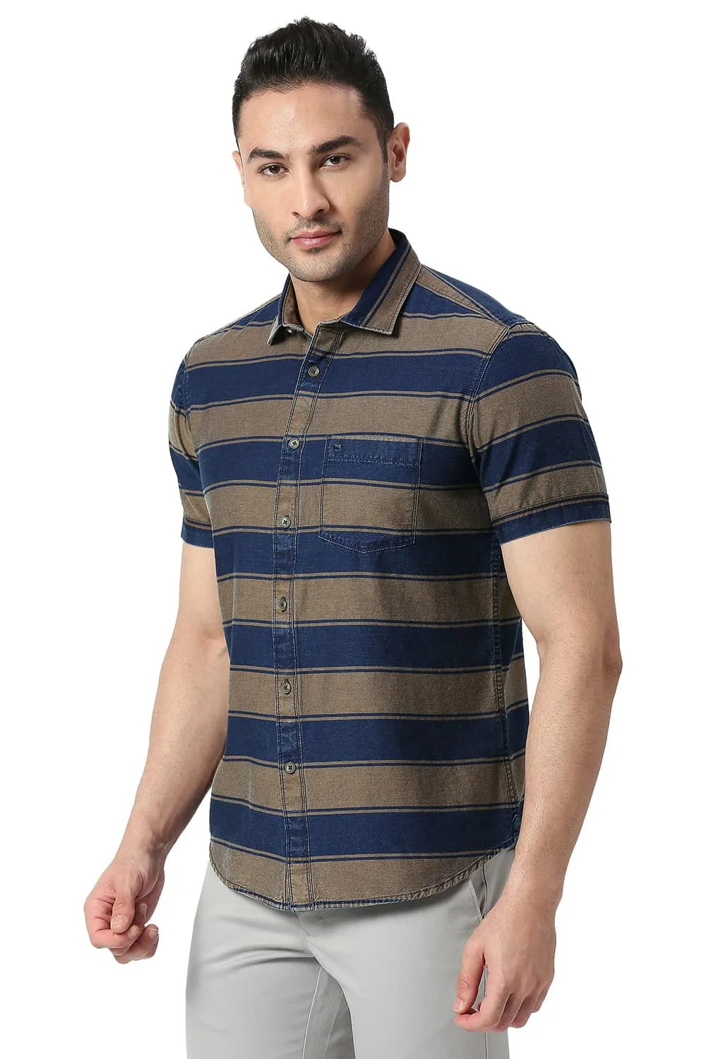 Slim Fit Cotton Indigo Weft Stripe Halfsleeves Shirt