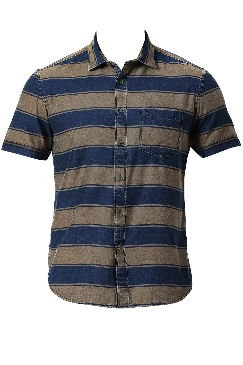 Slim Fit Cotton Indigo Weft Stripe Halfsleeves Shirt