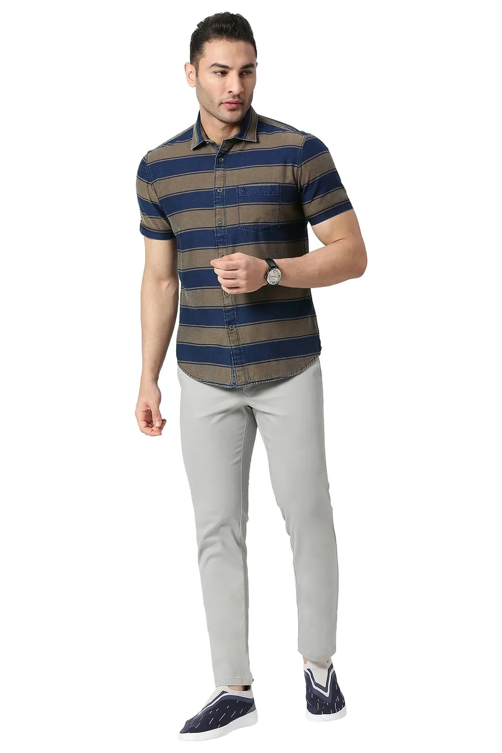 Slim Fit Cotton Indigo Weft Stripe Halfsleeves Shirt