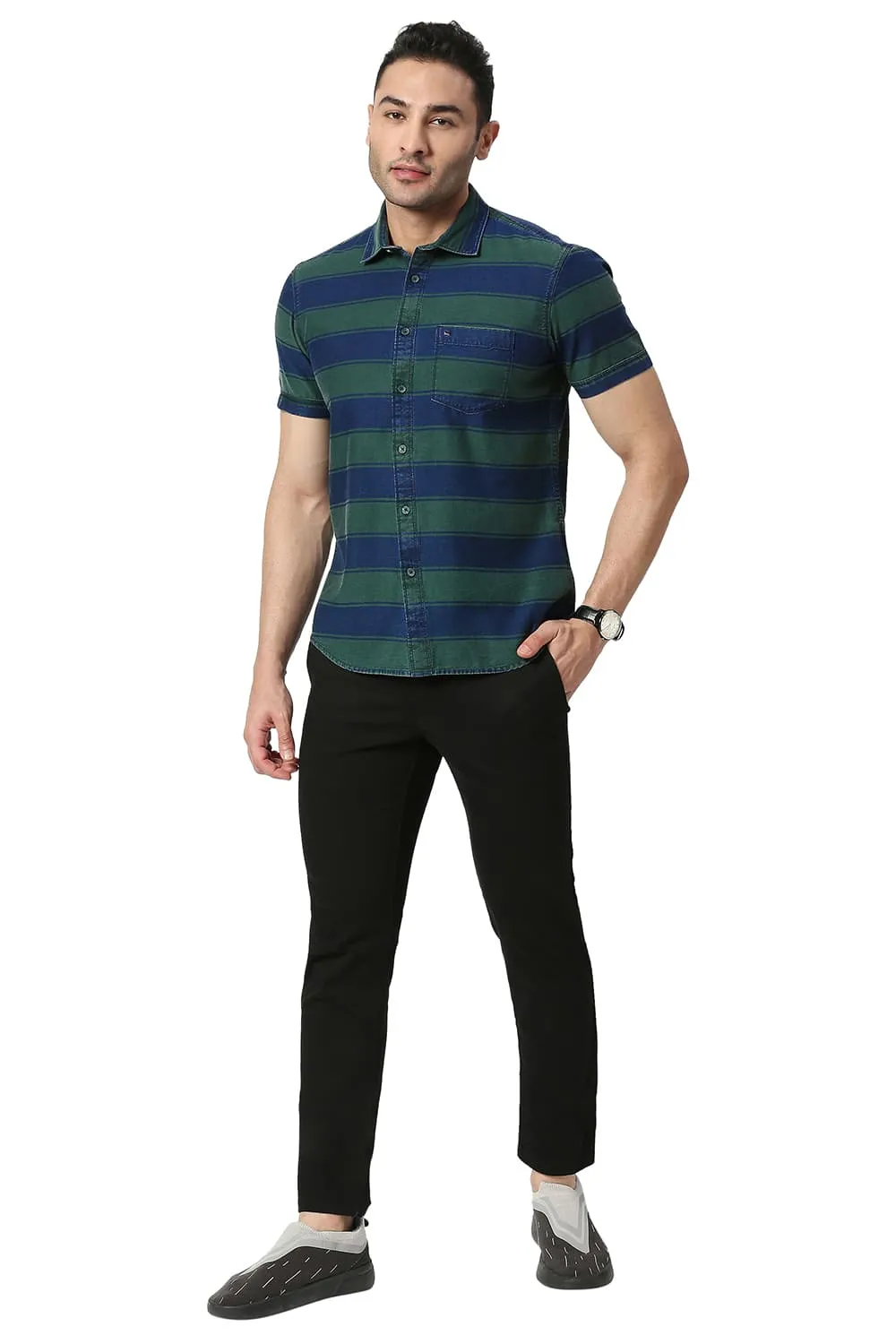 Slim Fit Cotton Indigo Weft Stripe Halfsleeves Shirt