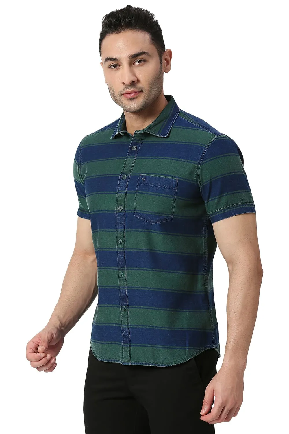 Slim Fit Cotton Indigo Weft Stripe Halfsleeves Shirt