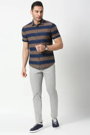 Slim Fit Cotton Indigo Weft Stripe Halfsleeves Shirt