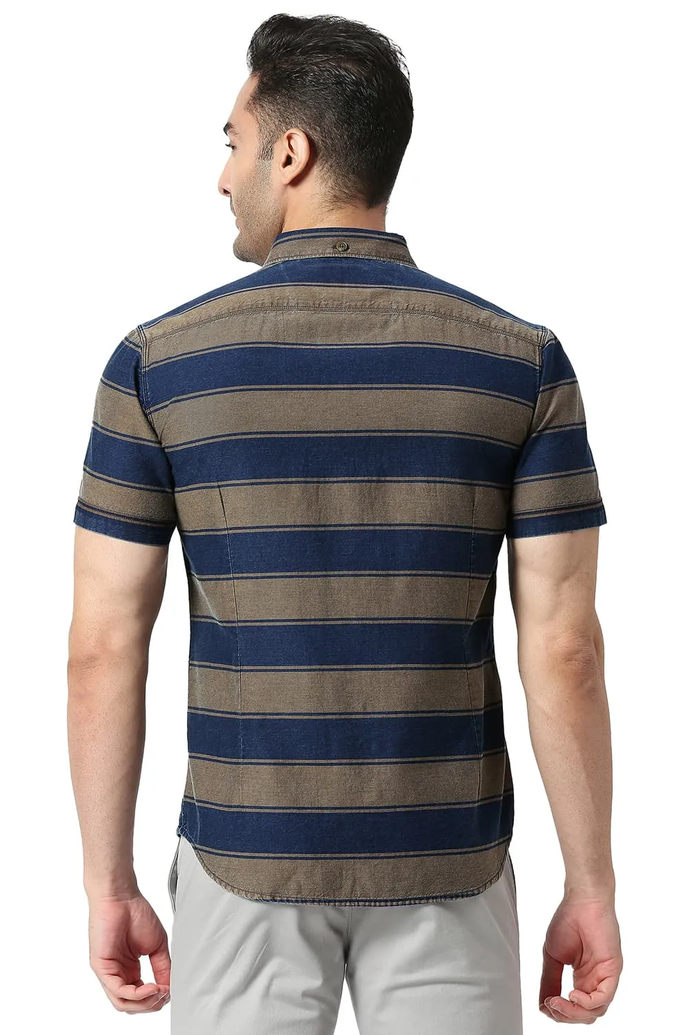 Slim Fit Cotton Indigo Weft Stripe Halfsleeves Shirt