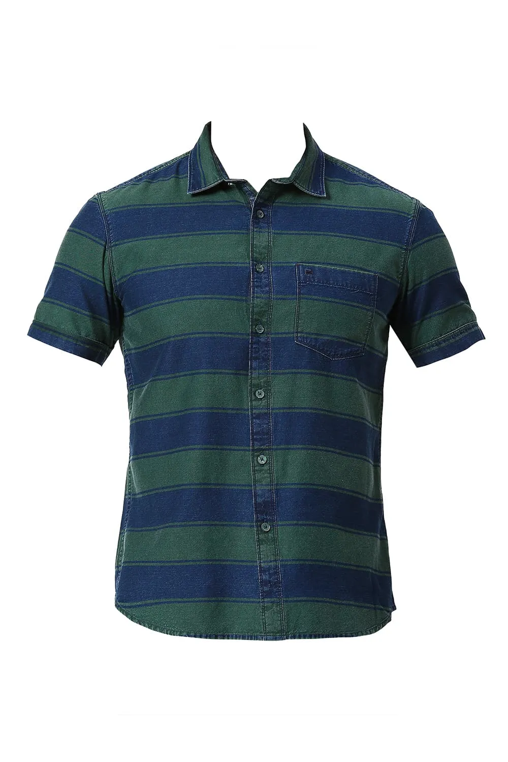 Slim Fit Cotton Indigo Weft Stripe Halfsleeves Shirt