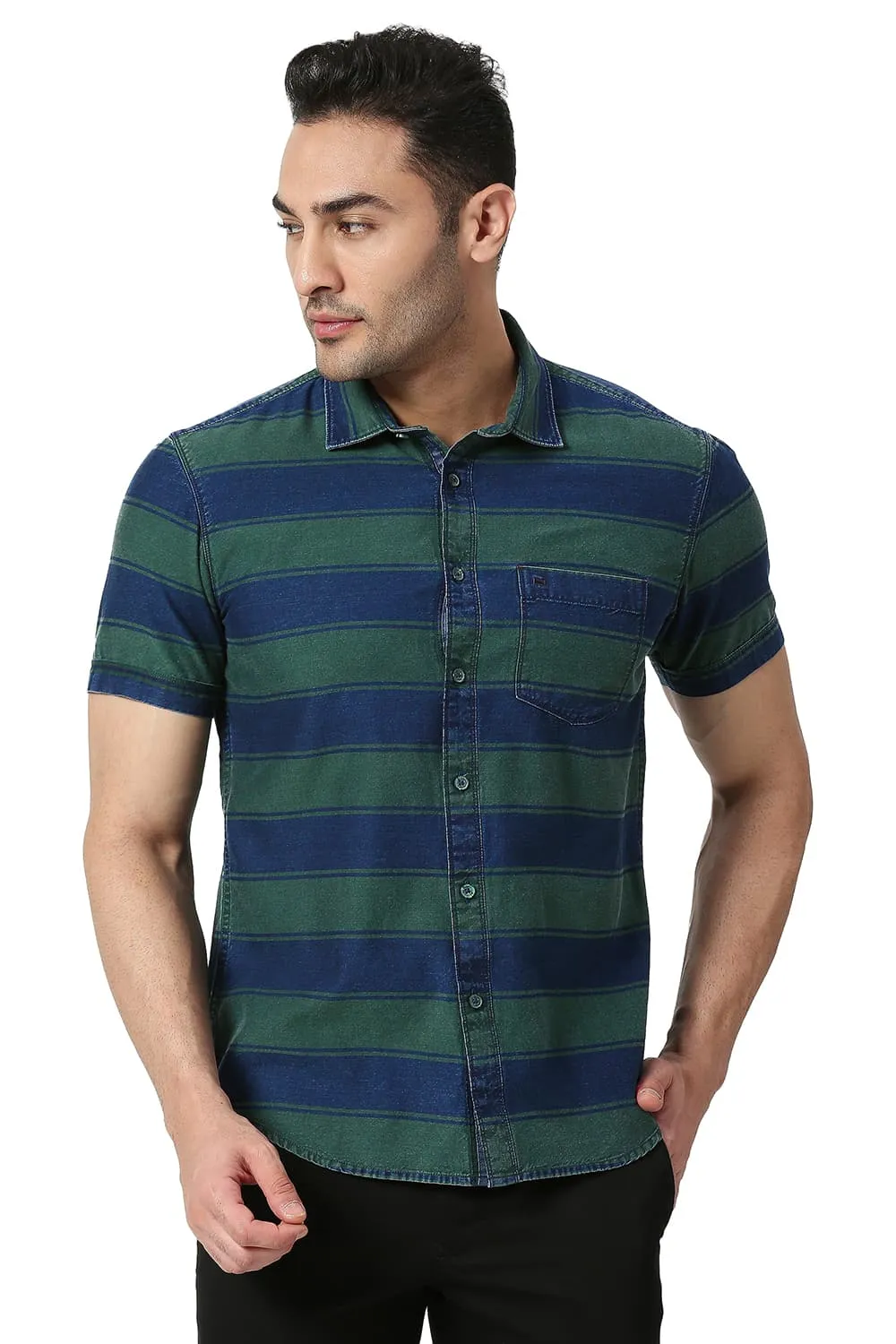 Slim Fit Cotton Indigo Weft Stripe Halfsleeves Shirt